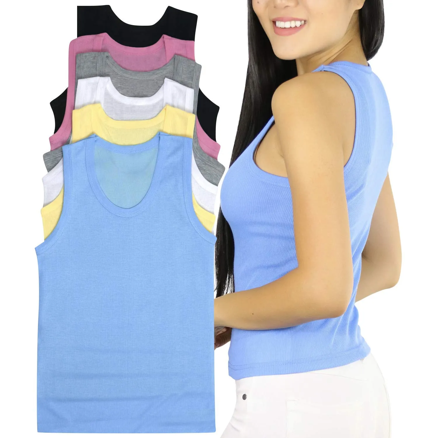 6-Pack: ToBeInStyle Women's Junior 100% Cotton Ribbed Crop Lightweight Tank Tops