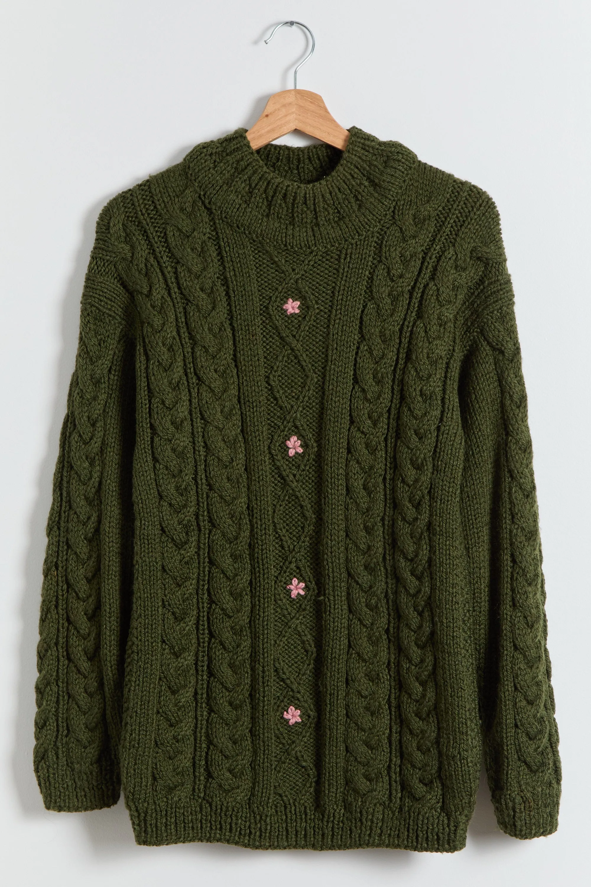 70s Olive Floral Embroidered Chunky Cable Knit Sweater L