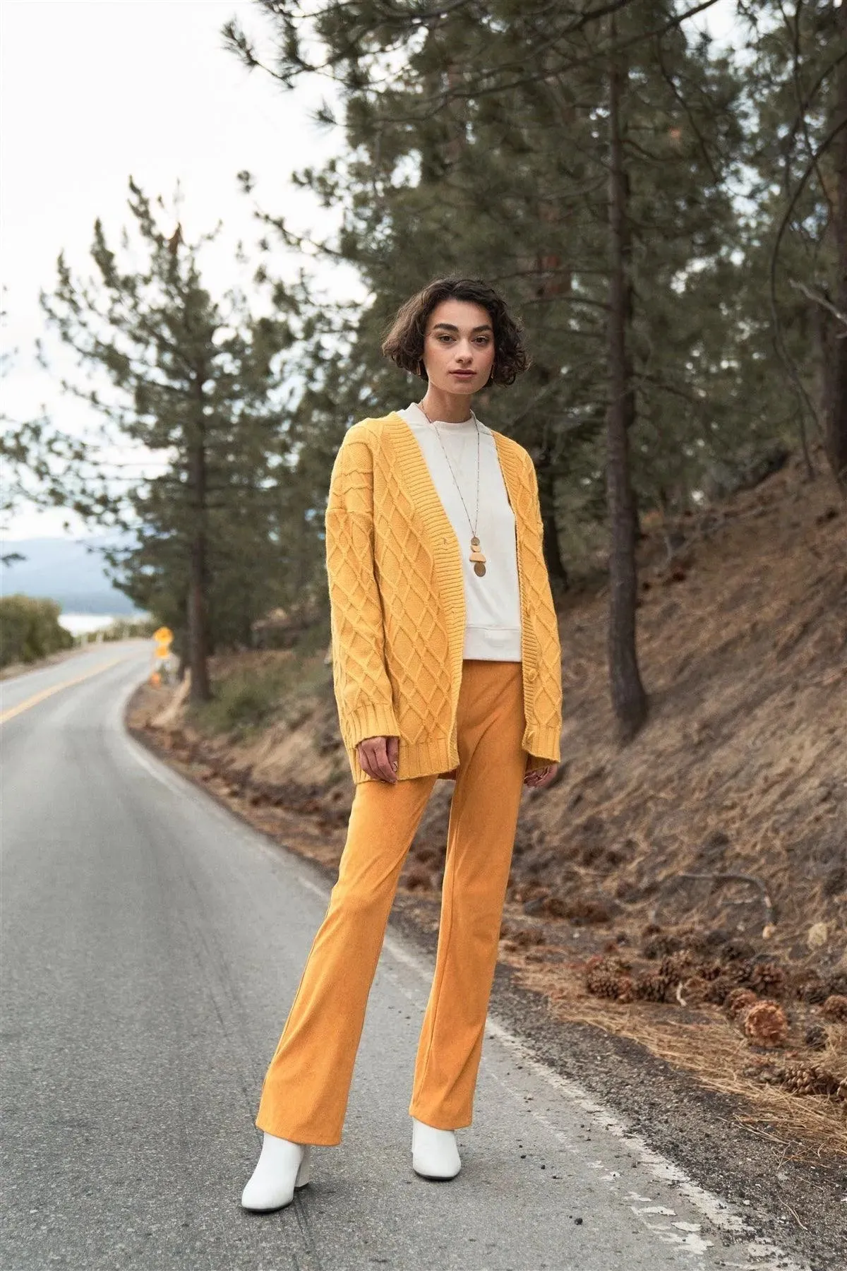 Amber Yellow Button-Down Front Edge-To-Edge Cable Knit Sweater Cardigan /OS