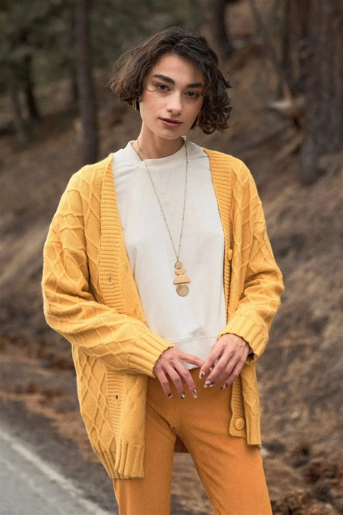 Amber Yellow Button-Down Front Edge-To-Edge Cable Knit Sweater Cardigan /OS