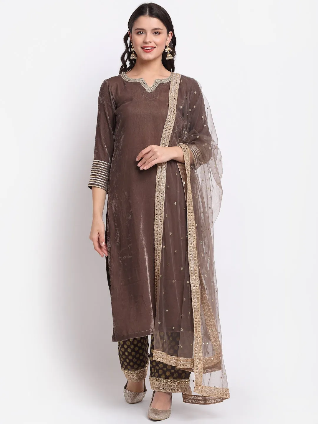 Ash Grey Velvet Straight Kurti with Banarasi Palazzo and Sequin Dupatta