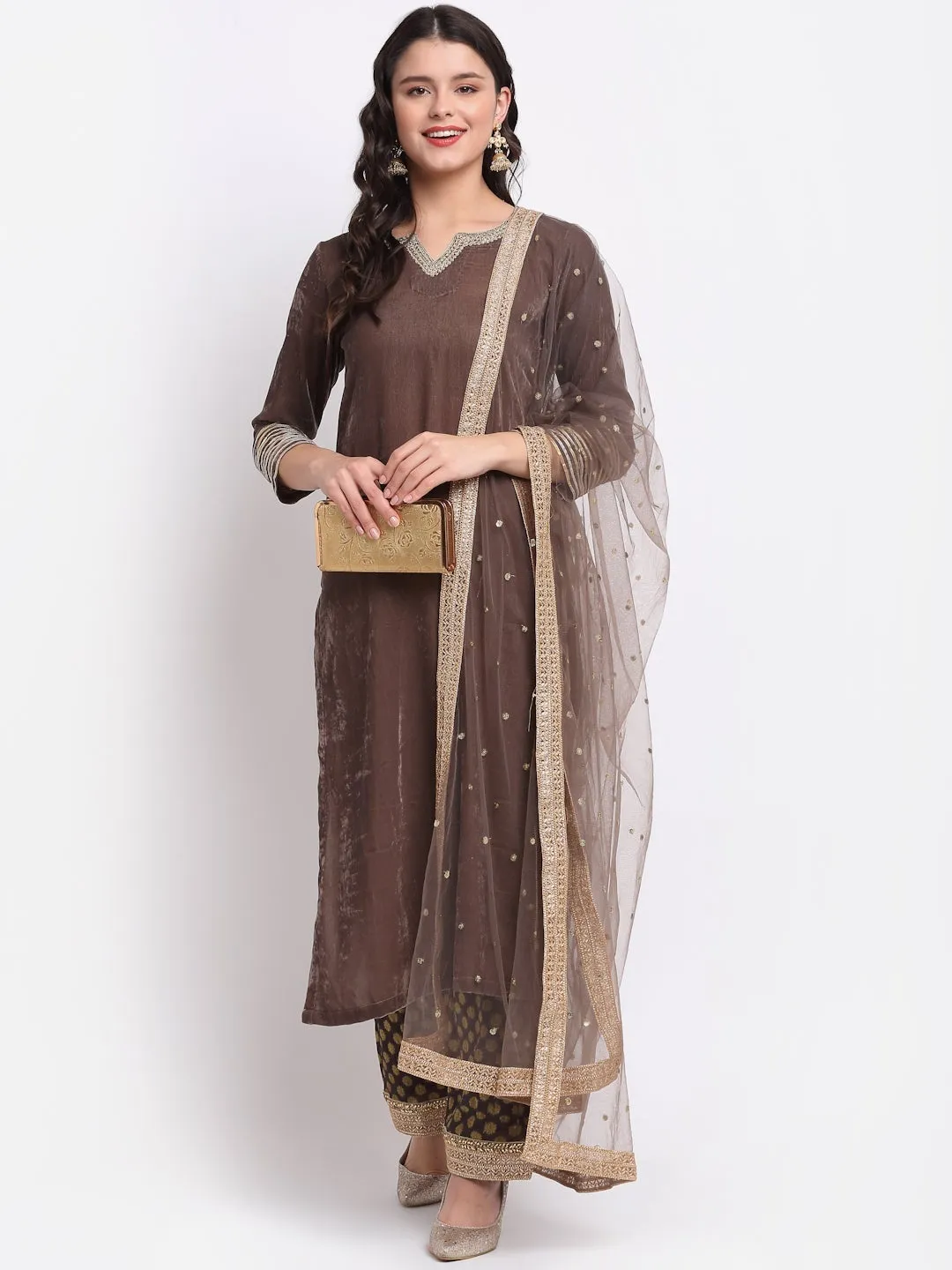 Ash Grey Velvet Straight Kurti with Banarasi Palazzo and Sequin Dupatta