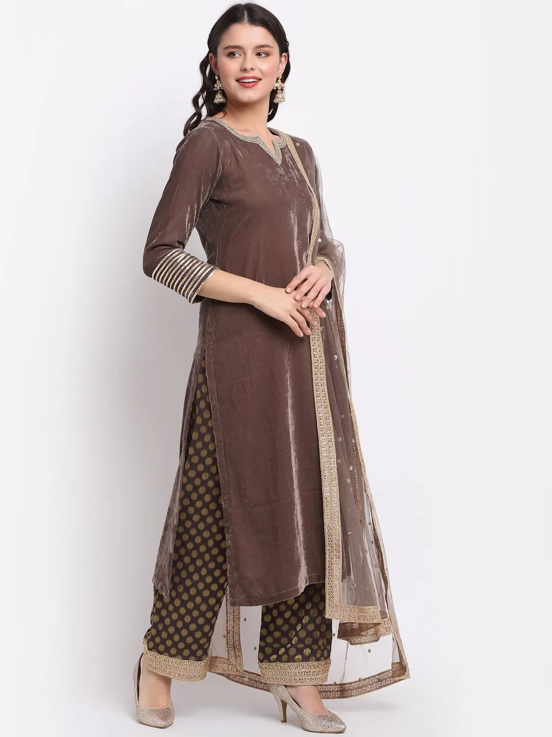 Ash Grey Velvet Straight Kurti with Banarasi Palazzo and Sequin Dupatta