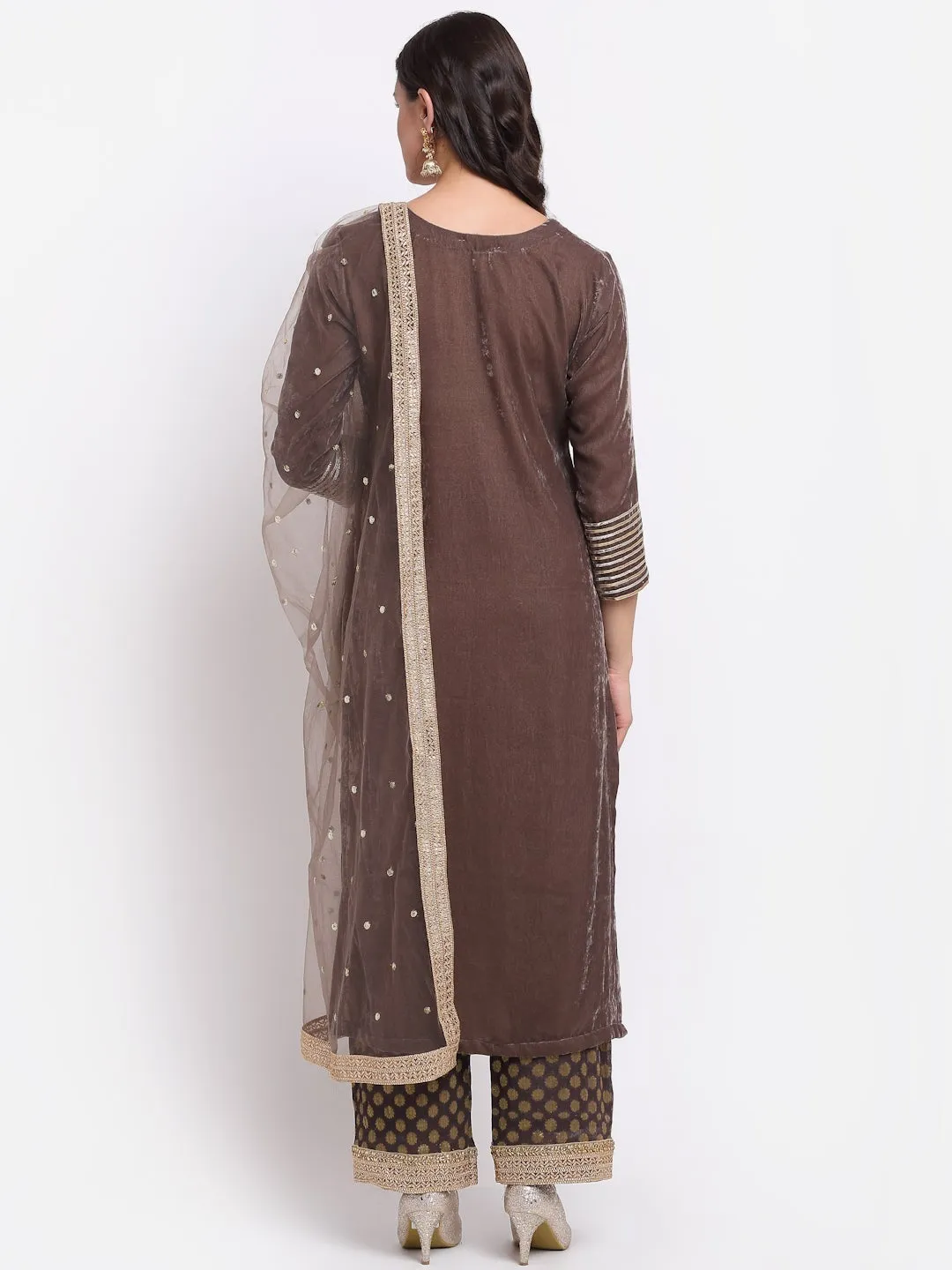 Ash Grey Velvet Straight Kurti with Banarasi Palazzo and Sequin Dupatta