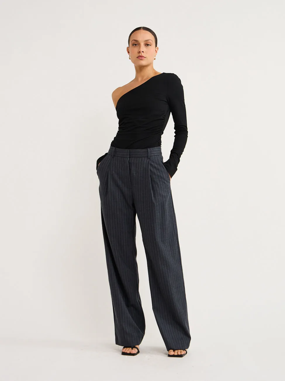 Bec and Bridge Pine Wide Leg Pant in Charcoal Pinstripe