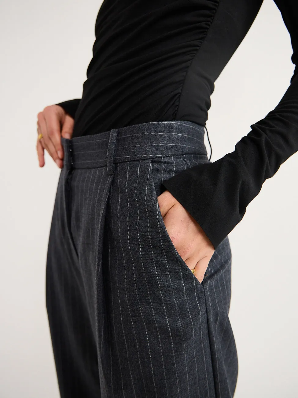 Bec and Bridge Pine Wide Leg Pant in Charcoal Pinstripe