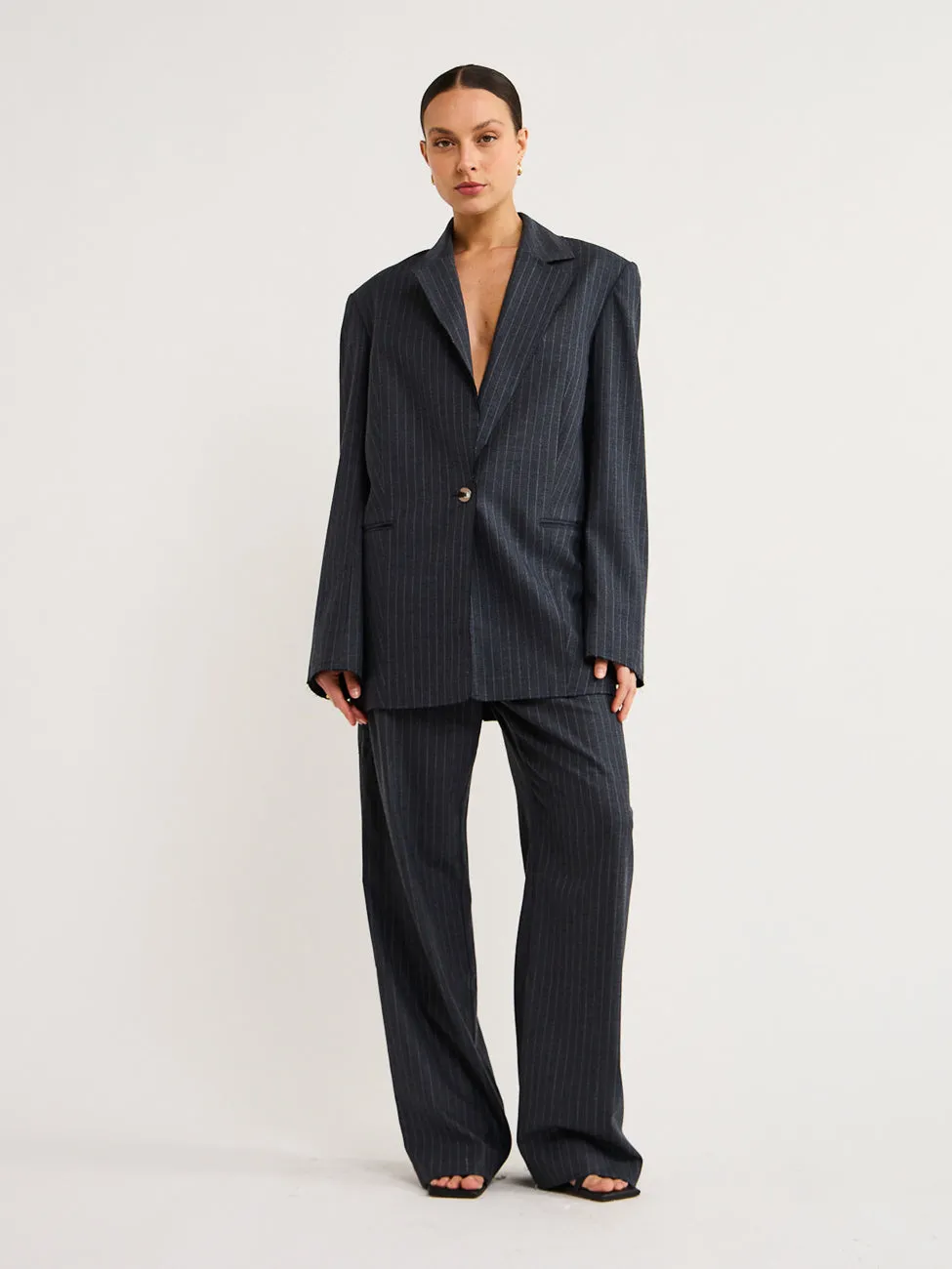 Bec and Bridge Pine Wide Leg Pant in Charcoal Pinstripe