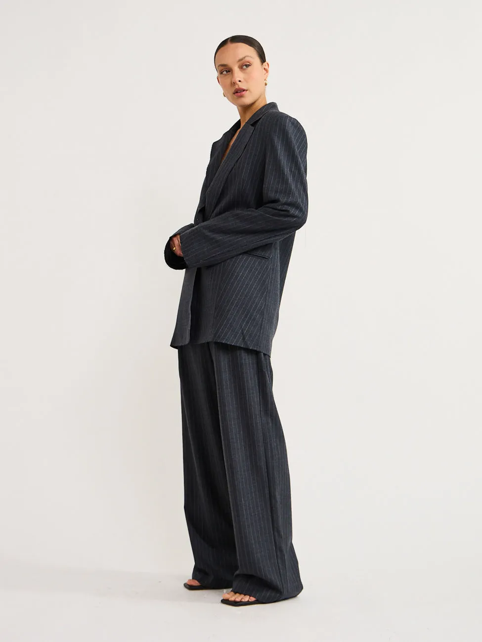 Bec and Bridge Pine Wide Leg Pant in Charcoal Pinstripe