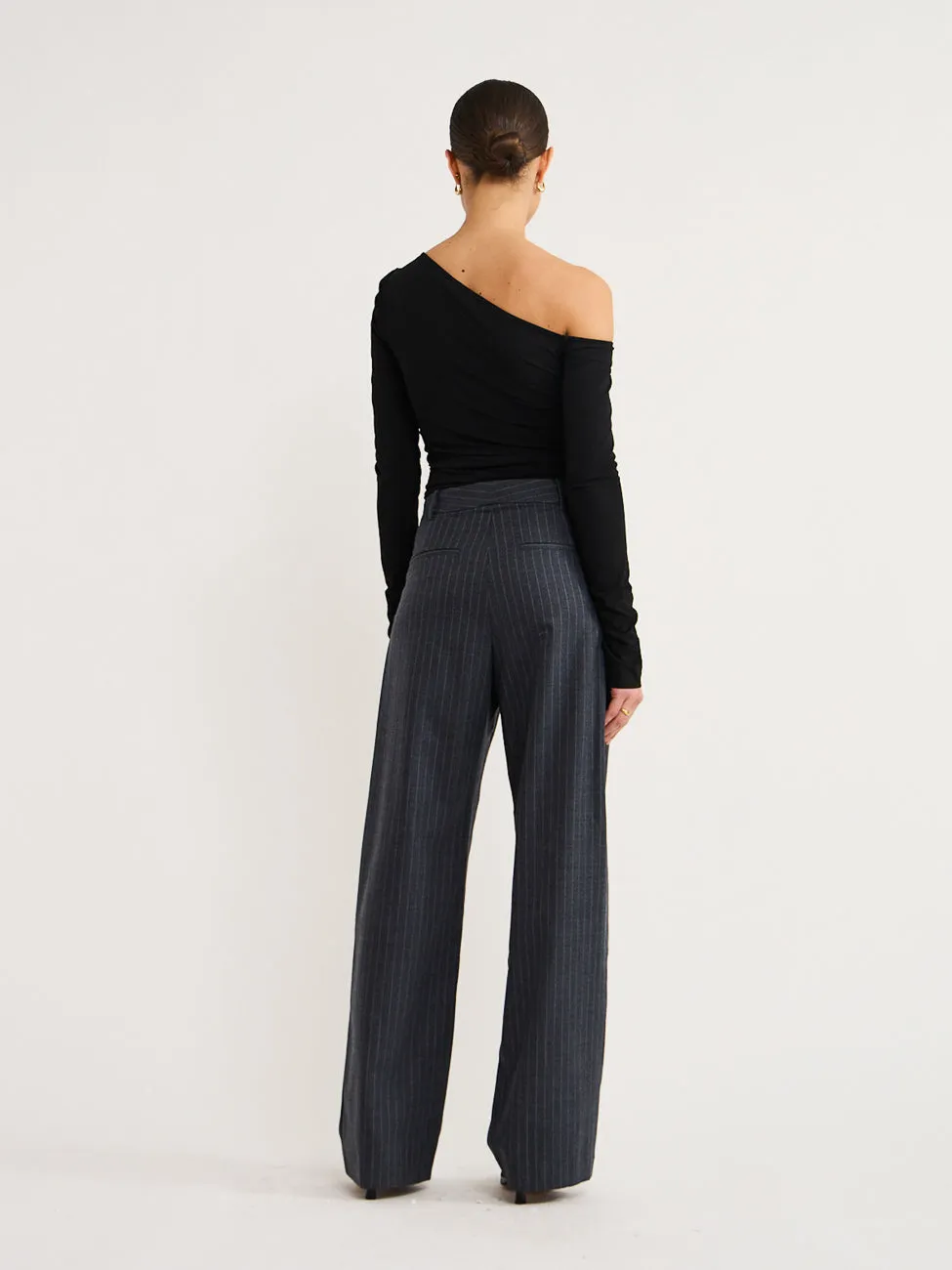 Bec and Bridge Pine Wide Leg Pant in Charcoal Pinstripe