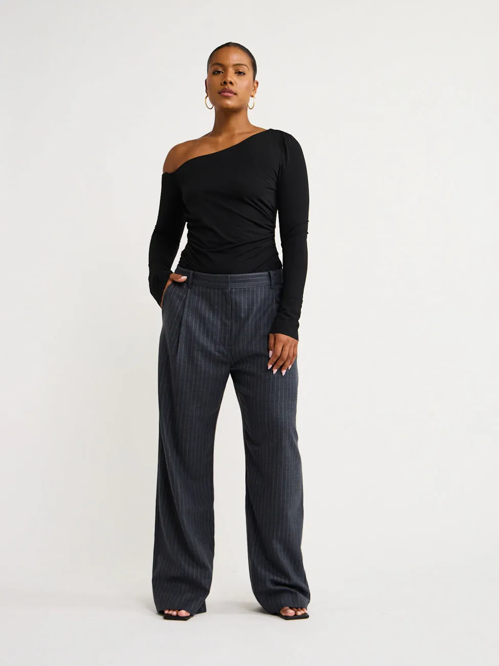 Bec and Bridge Pine Wide Leg Pant in Charcoal Pinstripe