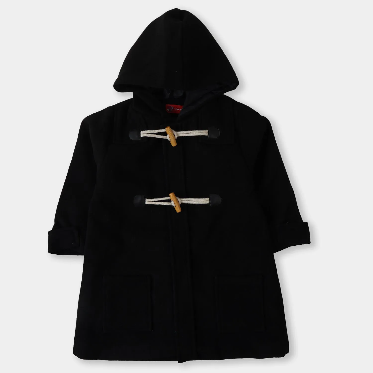 Boys Hooded Woolen Trench Coat - BLACK