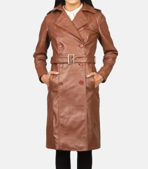 Brown Leather Women Trench Coat