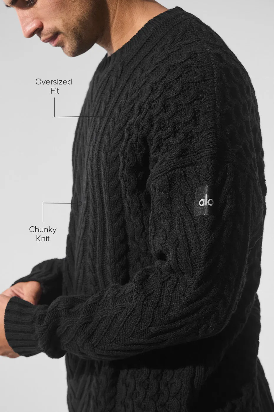 Cable Knit Crew Neck Sweater - Black