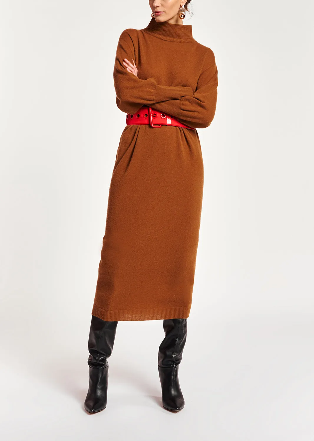 Camel midi-length merino wool blend knit dress