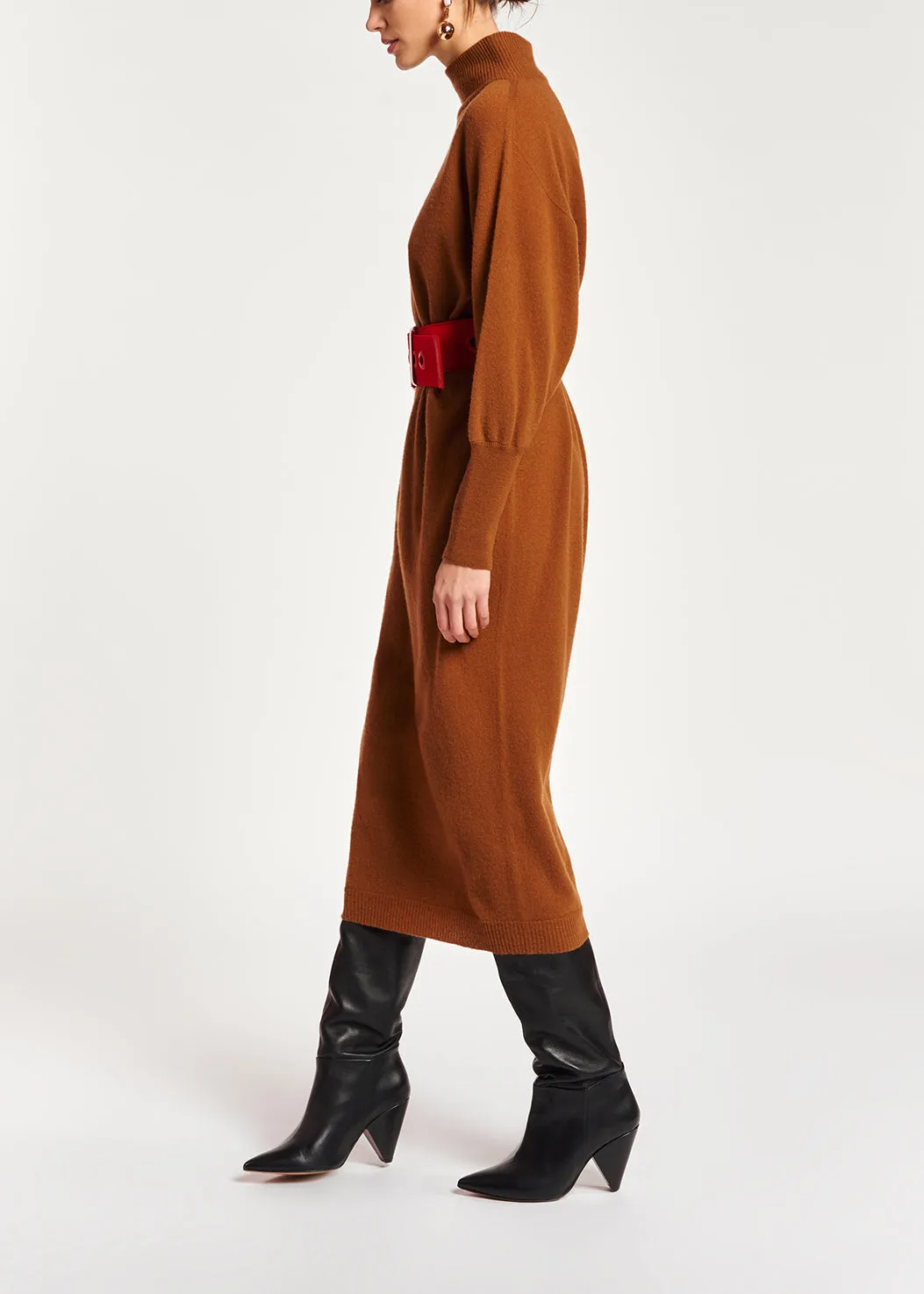 Camel midi-length merino wool blend knit dress