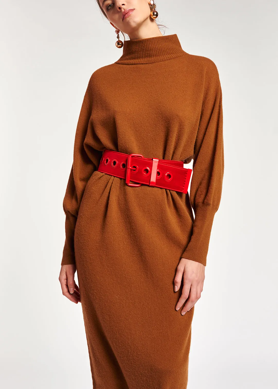 Camel midi-length merino wool blend knit dress