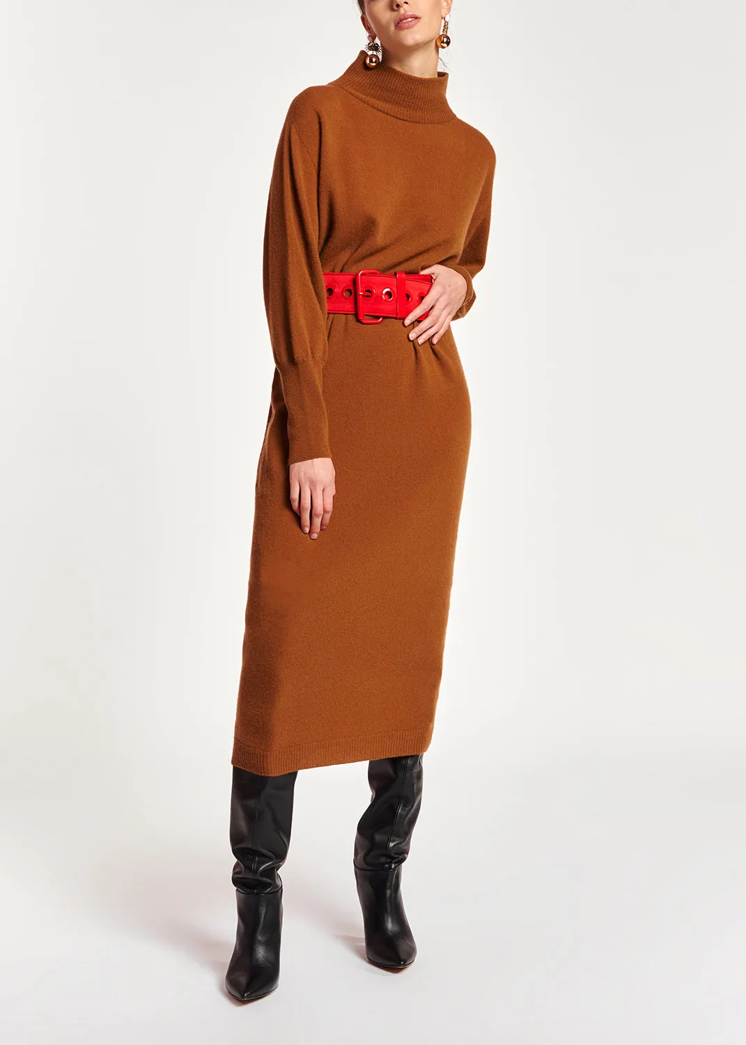 Camel midi-length merino wool blend knit dress