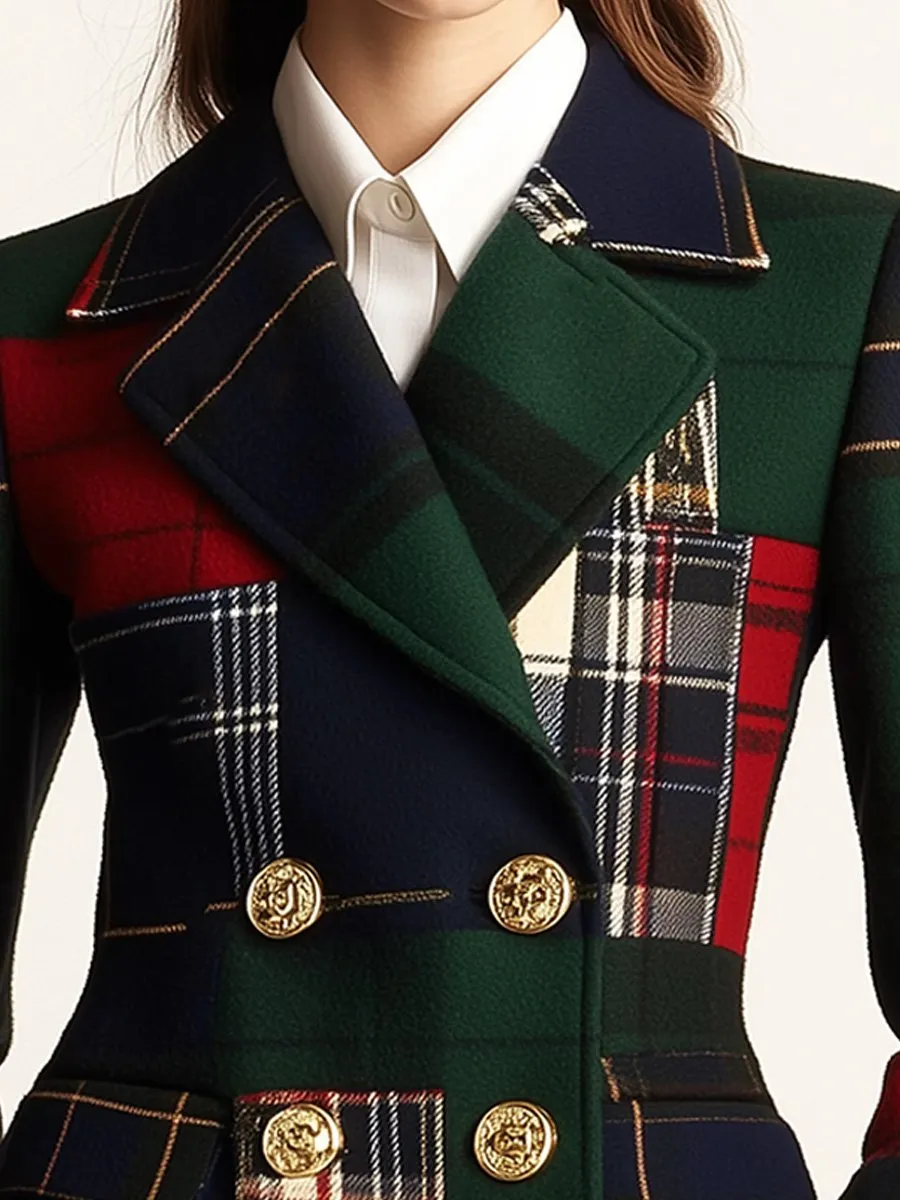 Casual Lapel Plaid Double-breasted Woolen Blazer