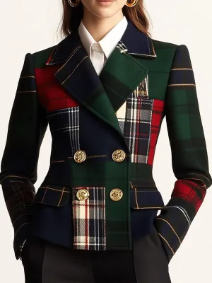 Casual Lapel Plaid Double-breasted Woolen Blazer