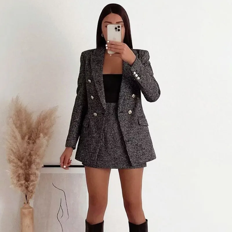 Chic Lapel Collar Double Breasted Long Sleeve Longline Tweed Blazer - Gray