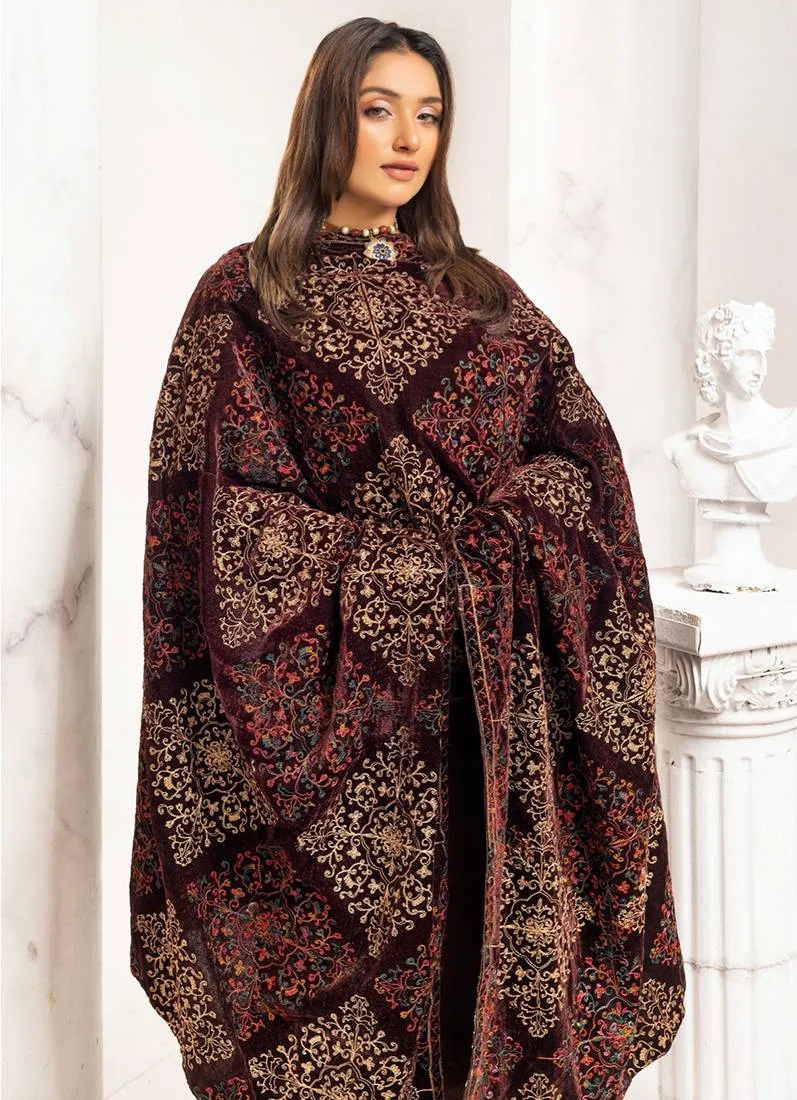 Chocolate Brown Velvet Embroidery Shawl Suit Set