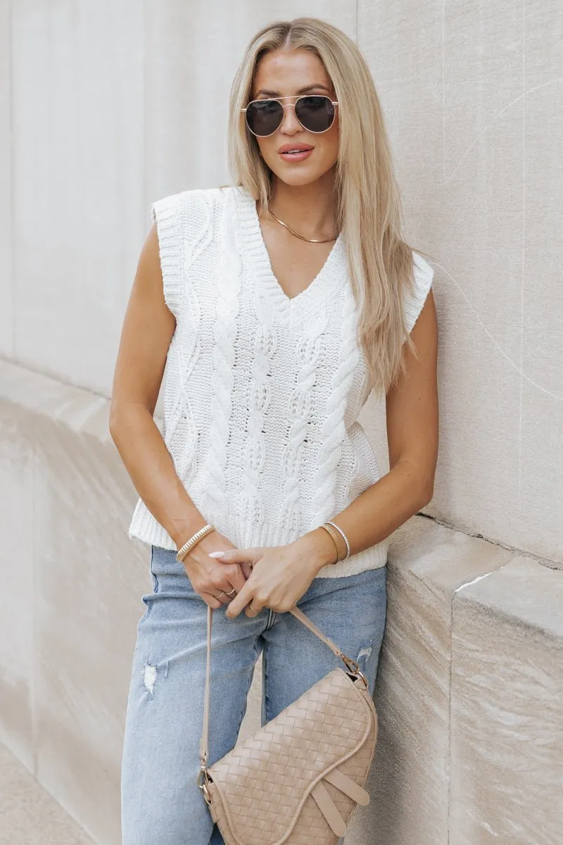 Chunky Cable Knit Sweater Vest - Cream - DOORBUSTER