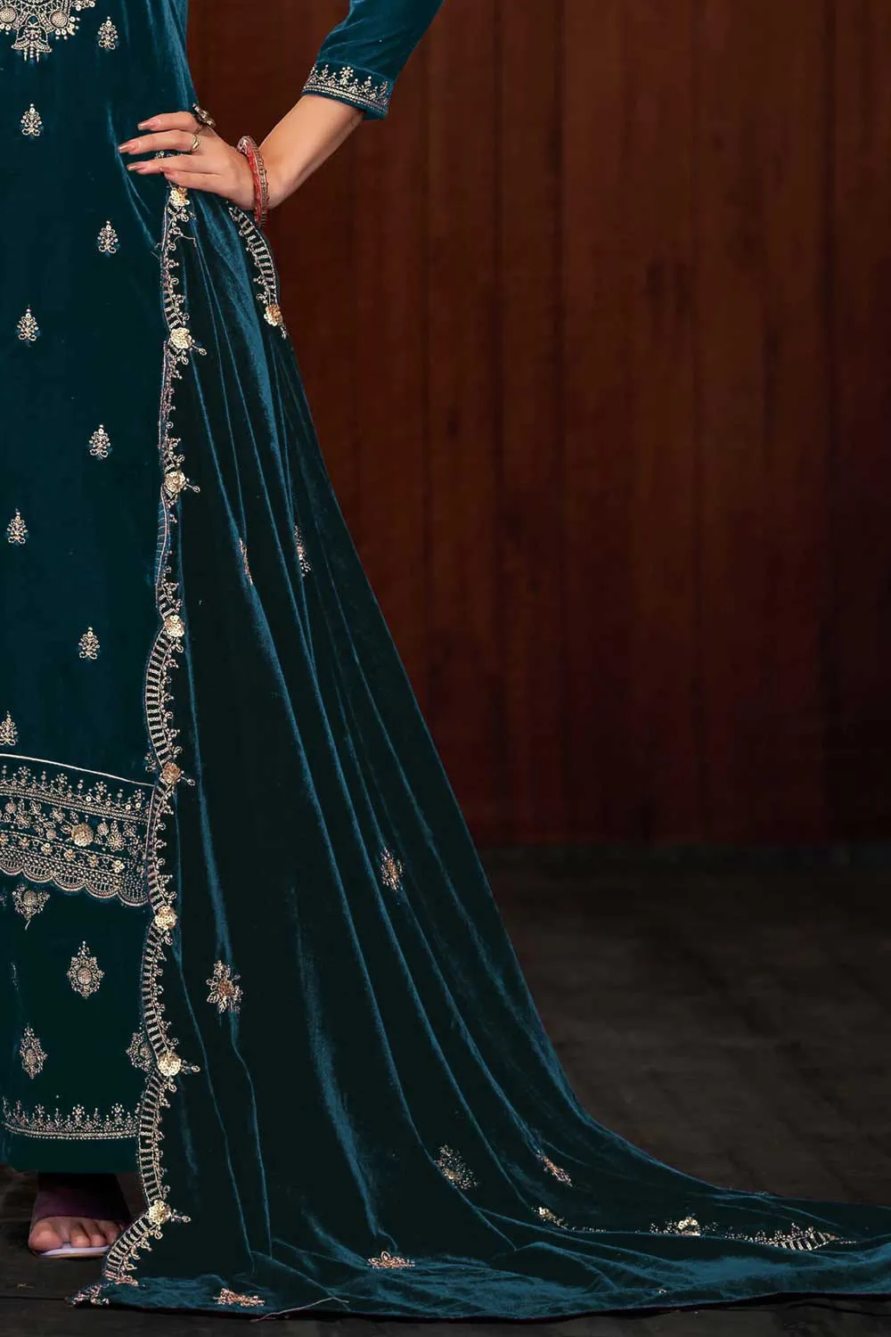 Classic Teal Color Function Wear Velvet Palazzo Suit