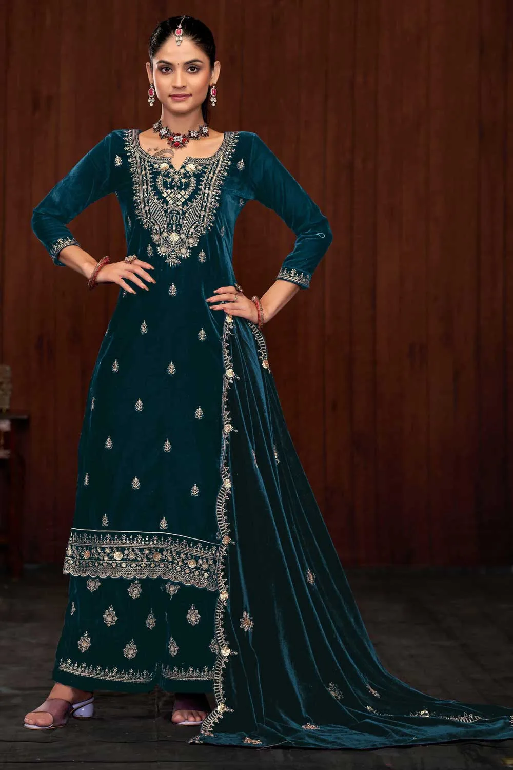 Classic Teal Color Function Wear Velvet Palazzo Suit