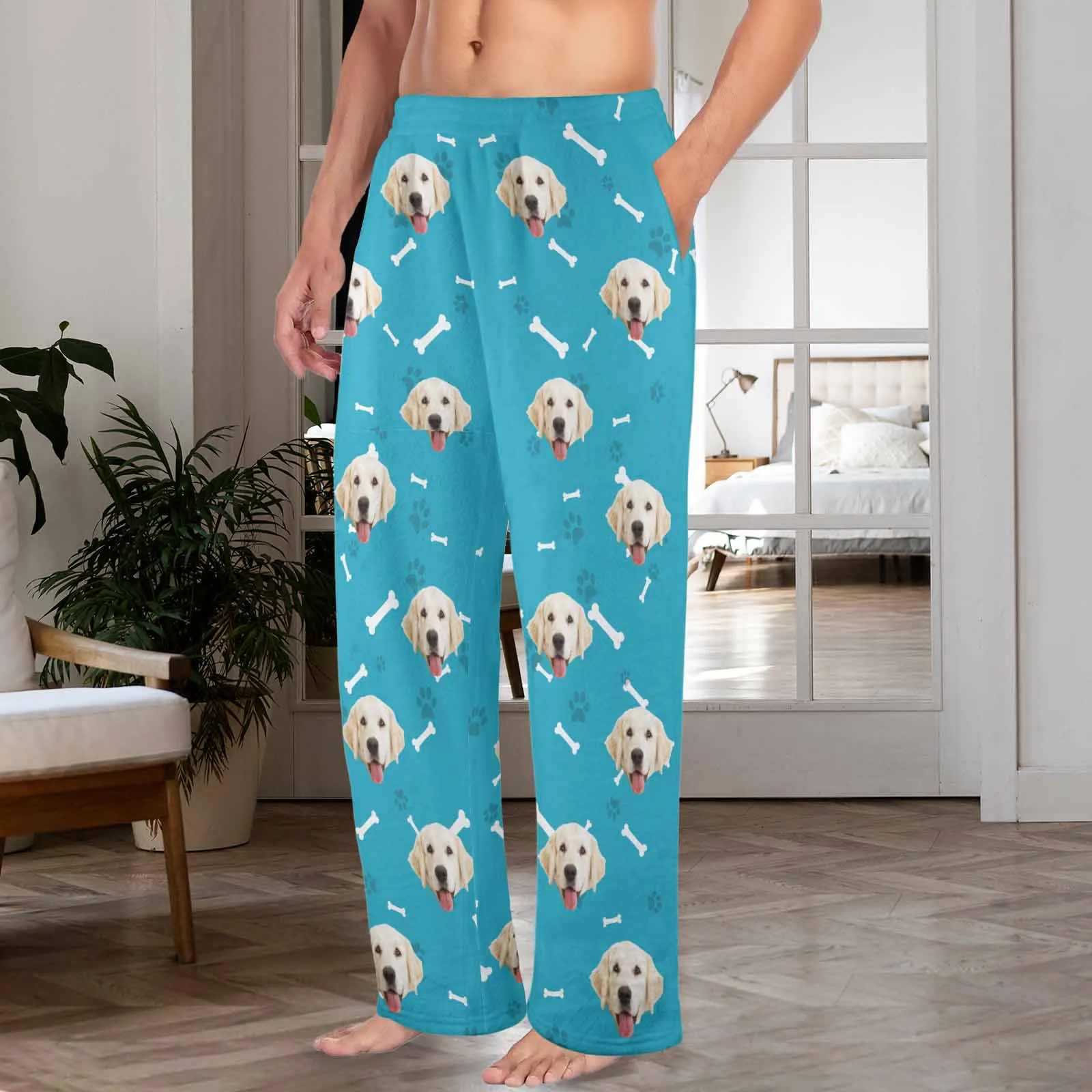 Coral Fleece Pajama Trousers-Custom Face Dog Bone Paw Print Warm and Comfortable Sleepwear Long Pajama Pants For Men Women