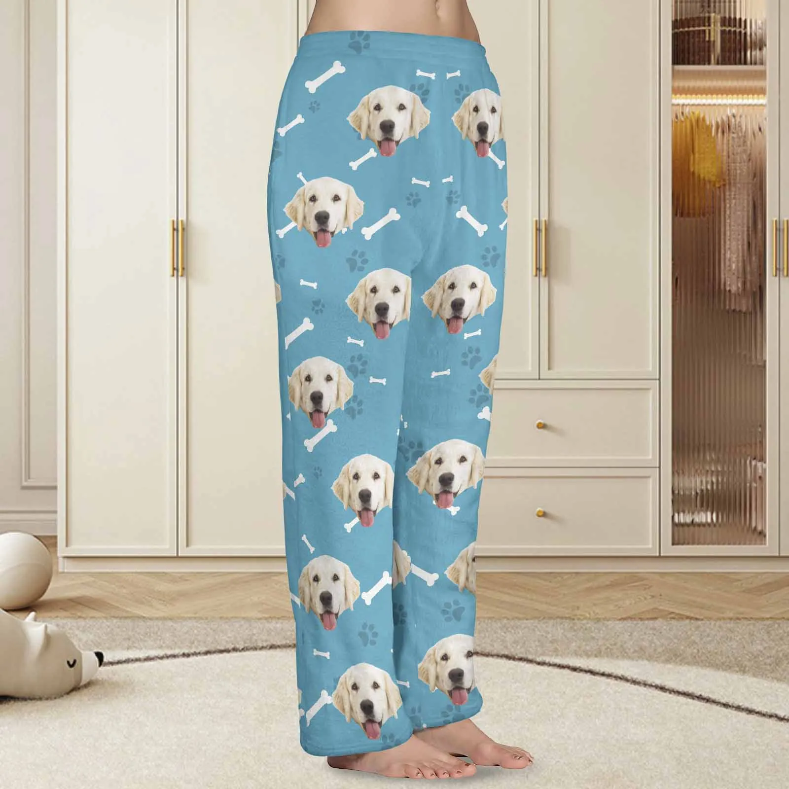 Coral Fleece Pajama Trousers-Custom Face Dog Bone Paw Print Warm and Comfortable Sleepwear Long Pajama Pants For Men Women