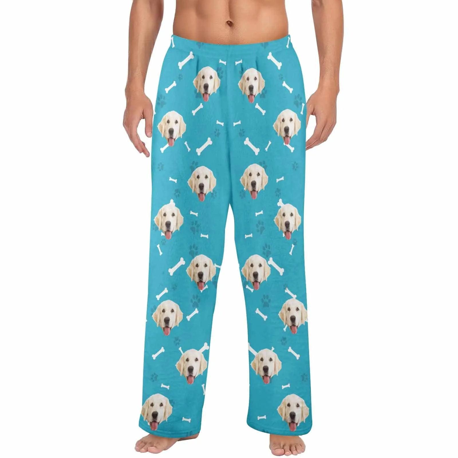 Coral Fleece Pajama Trousers-Custom Face Dog Bone Paw Print Warm and Comfortable Sleepwear Long Pajama Pants For Men Women