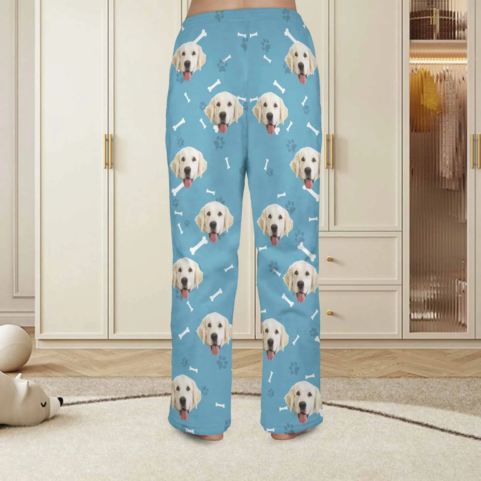 Coral Fleece Pajama Trousers-Custom Face Dog Bone Paw Print Warm and Comfortable Sleepwear Long Pajama Pants For Men Women