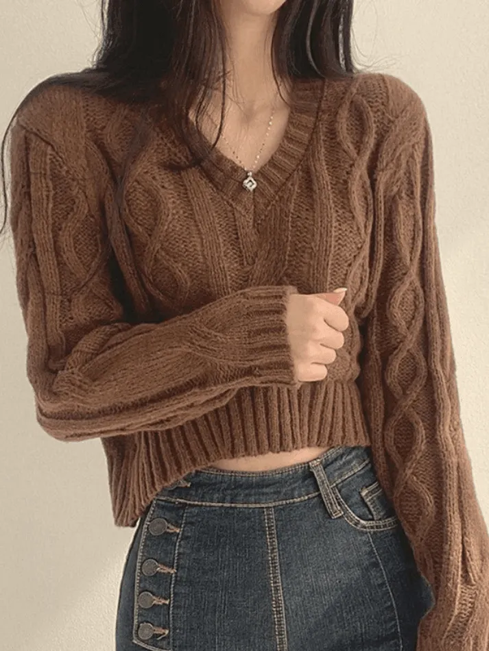 Cropped Brown Cable Knit Sweater