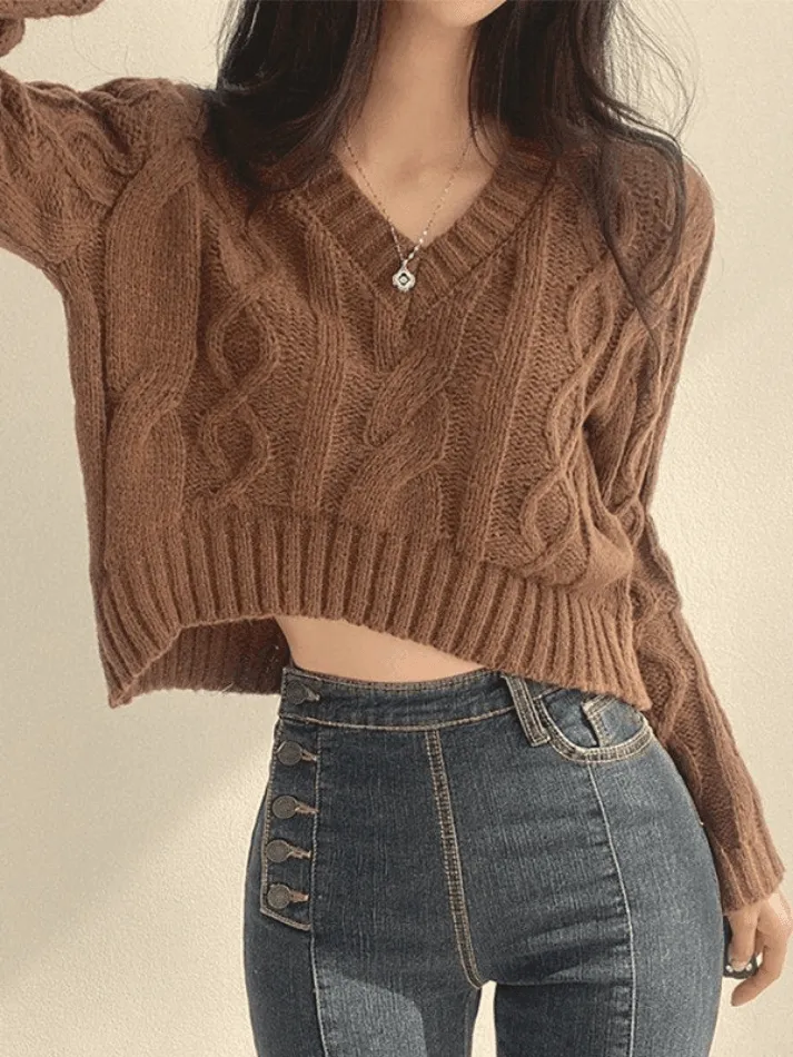 Cropped Brown Cable Knit Sweater