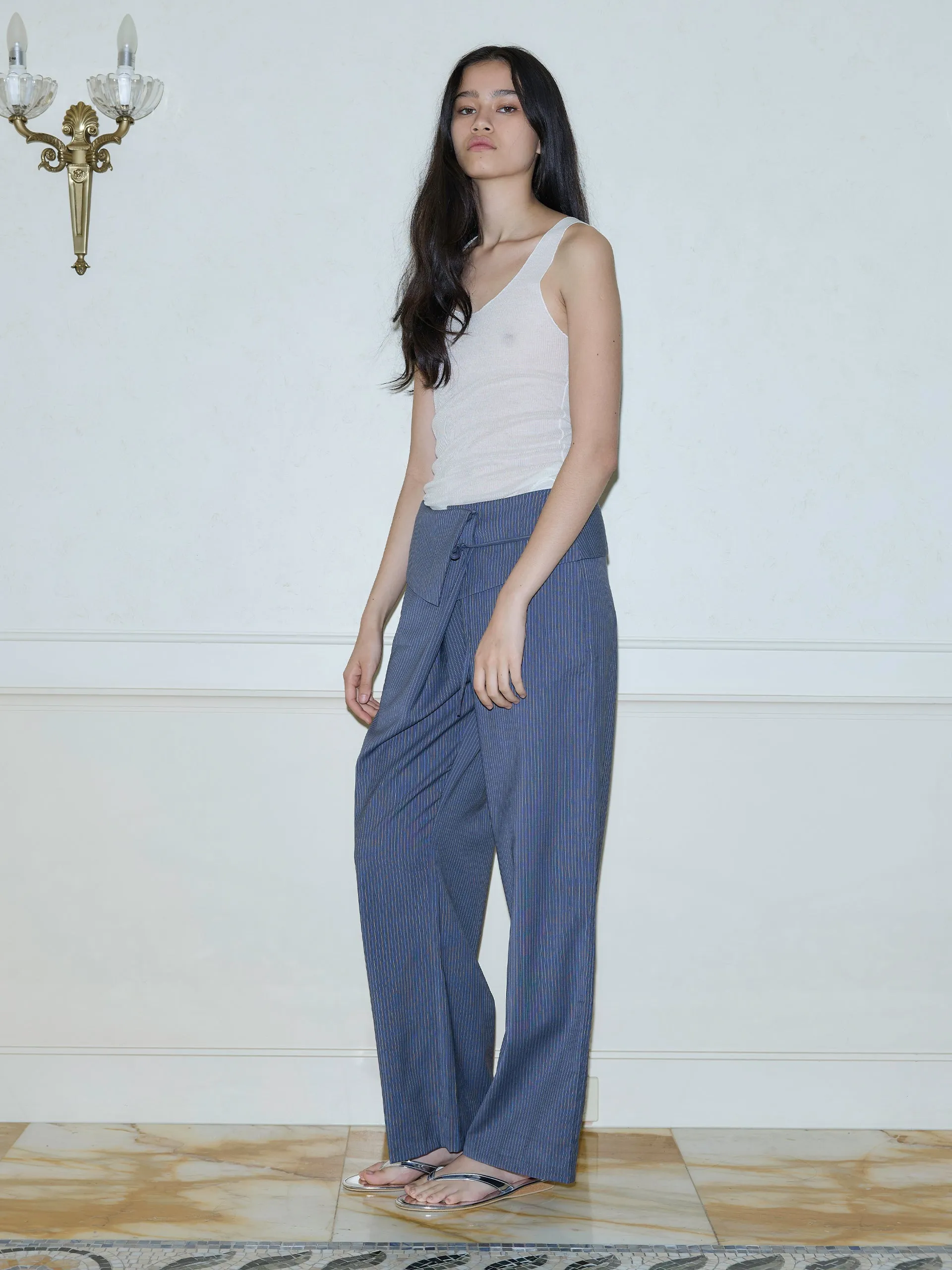 Deiji Studios Folded Wool Pant Navy Stripe