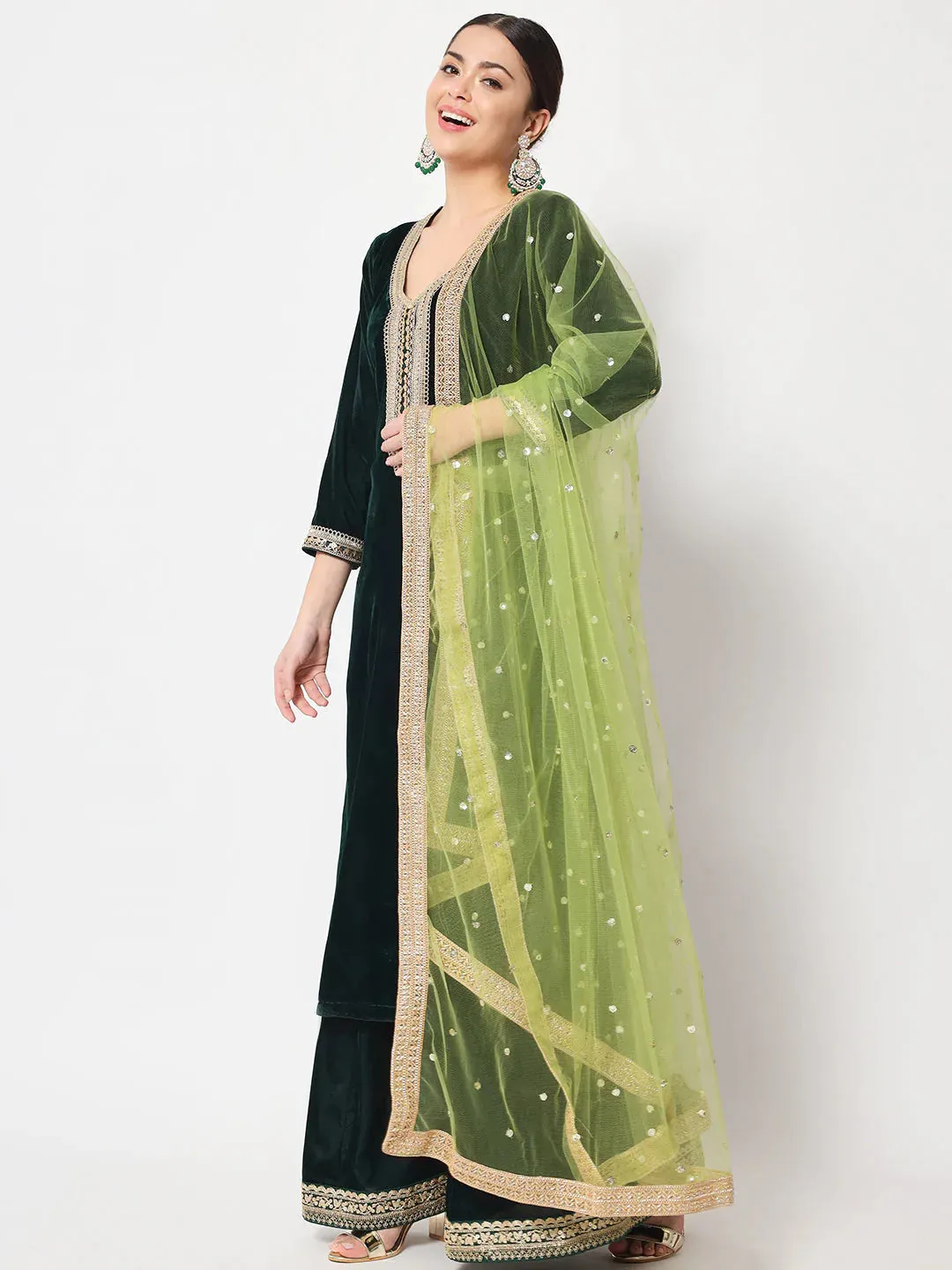 Delicate Green Velvet Kurti with Flared Palazzo and Net Sequin Dupatta