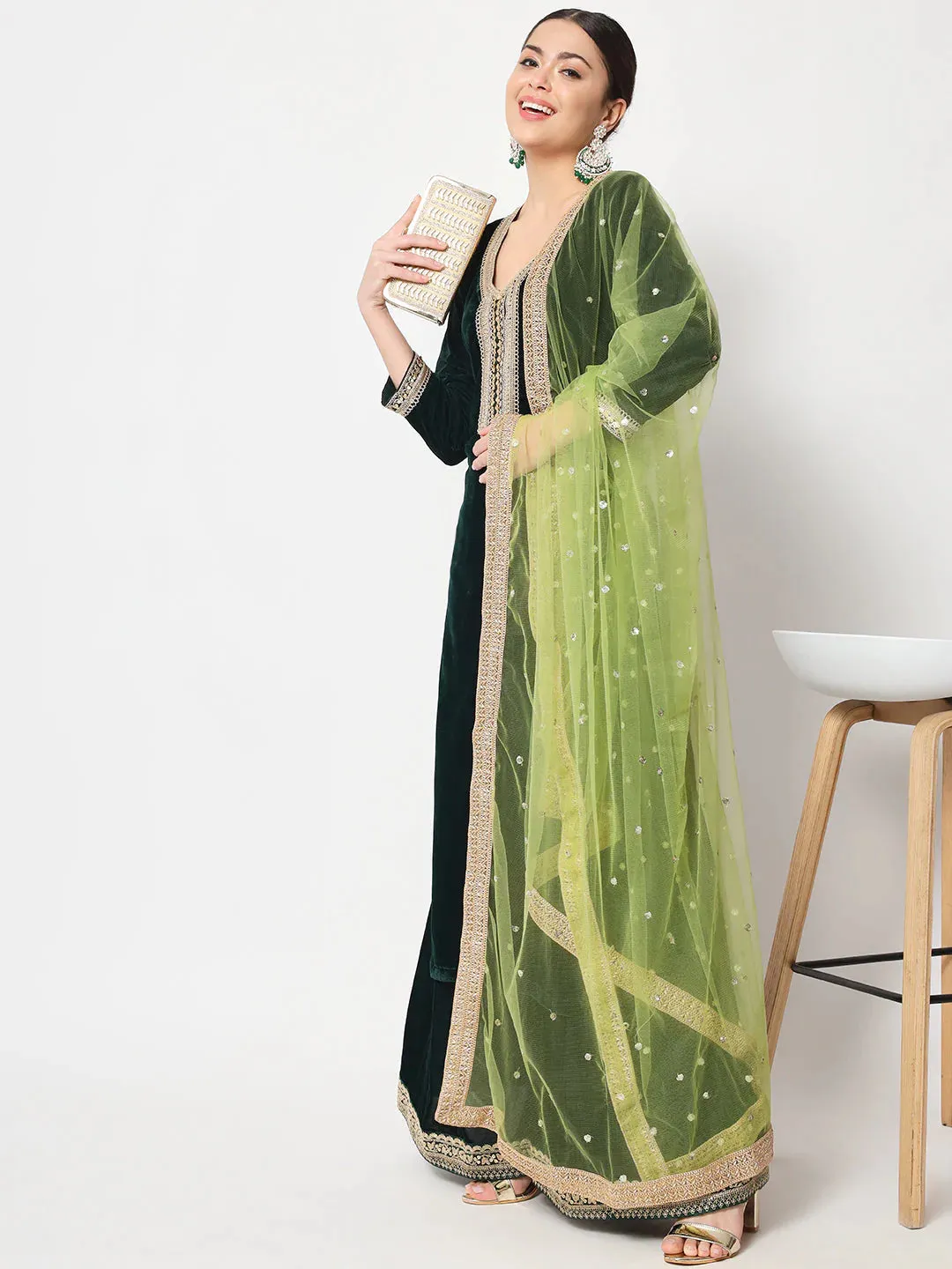 Delicate Green Velvet Kurti with Flared Palazzo and Net Sequin Dupatta