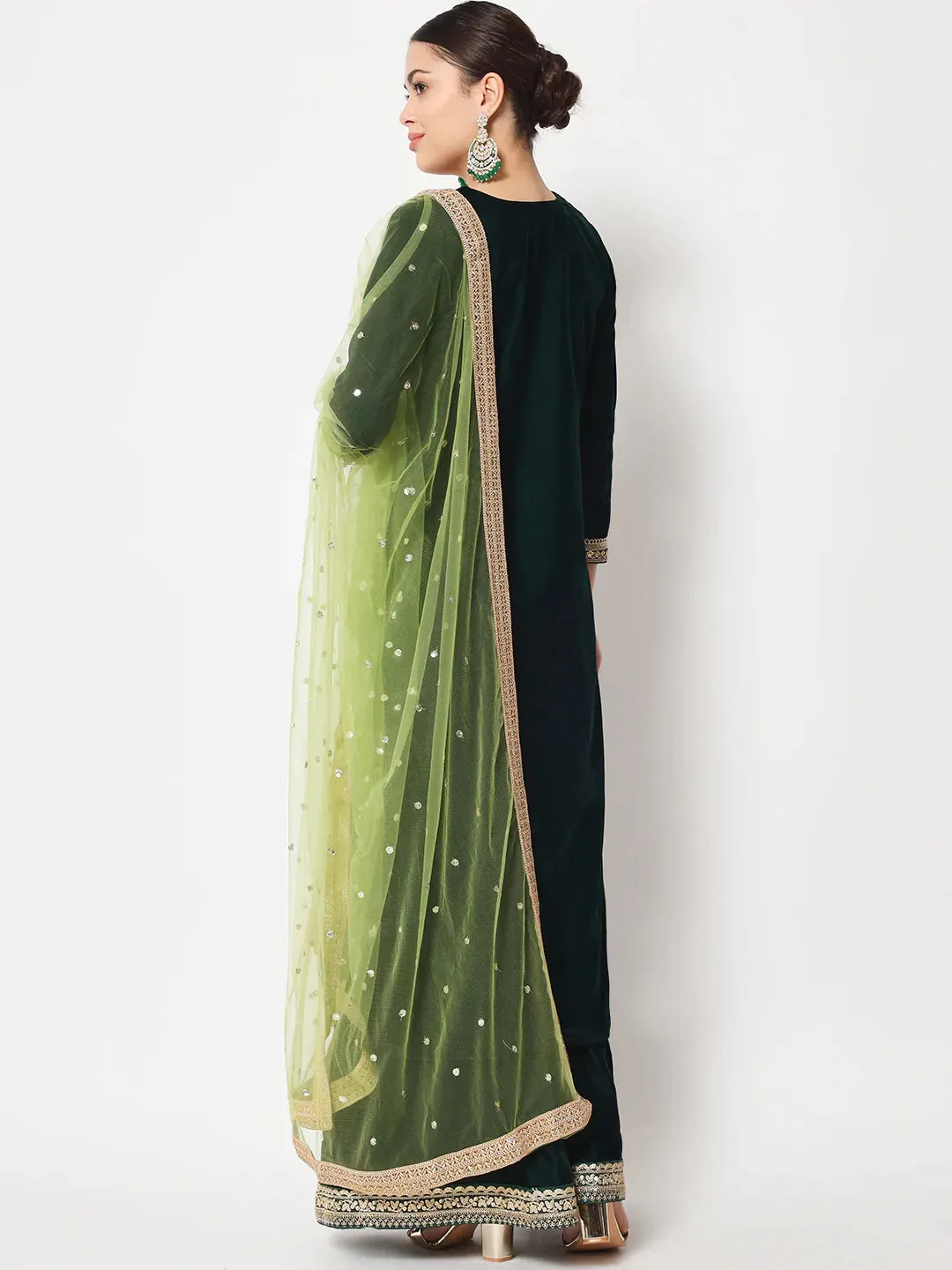 Delicate Green Velvet Kurti with Flared Palazzo and Net Sequin Dupatta