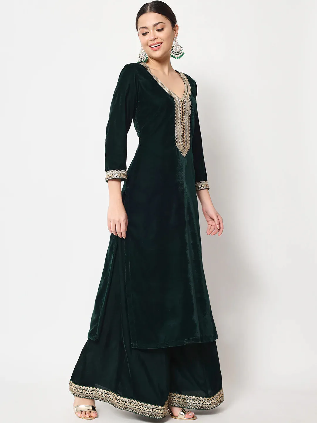 Delicate Green Velvet Kurti with Flared Palazzo and Net Sequin Dupatta