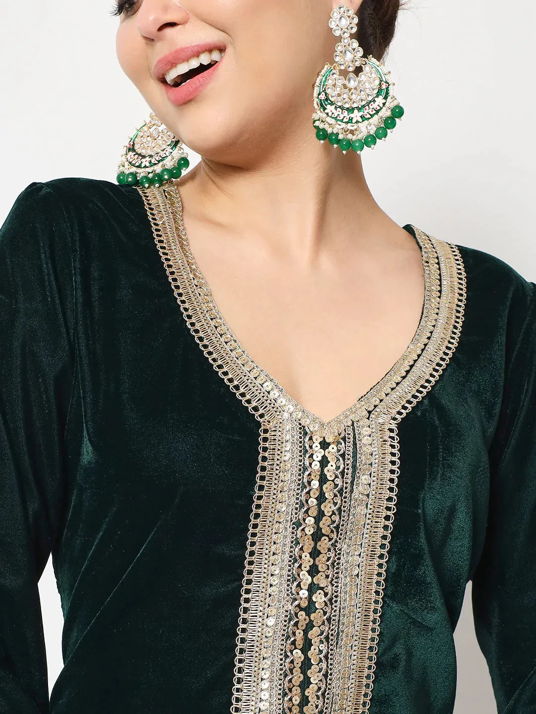 Delicate Green Velvet Kurti with Flared Palazzo and Net Sequin Dupatta