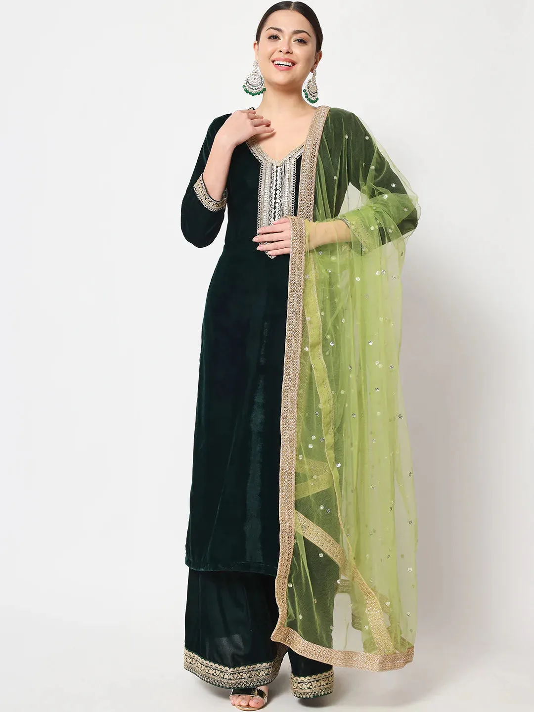 Delicate Green Velvet Kurti with Flared Palazzo and Net Sequin Dupatta