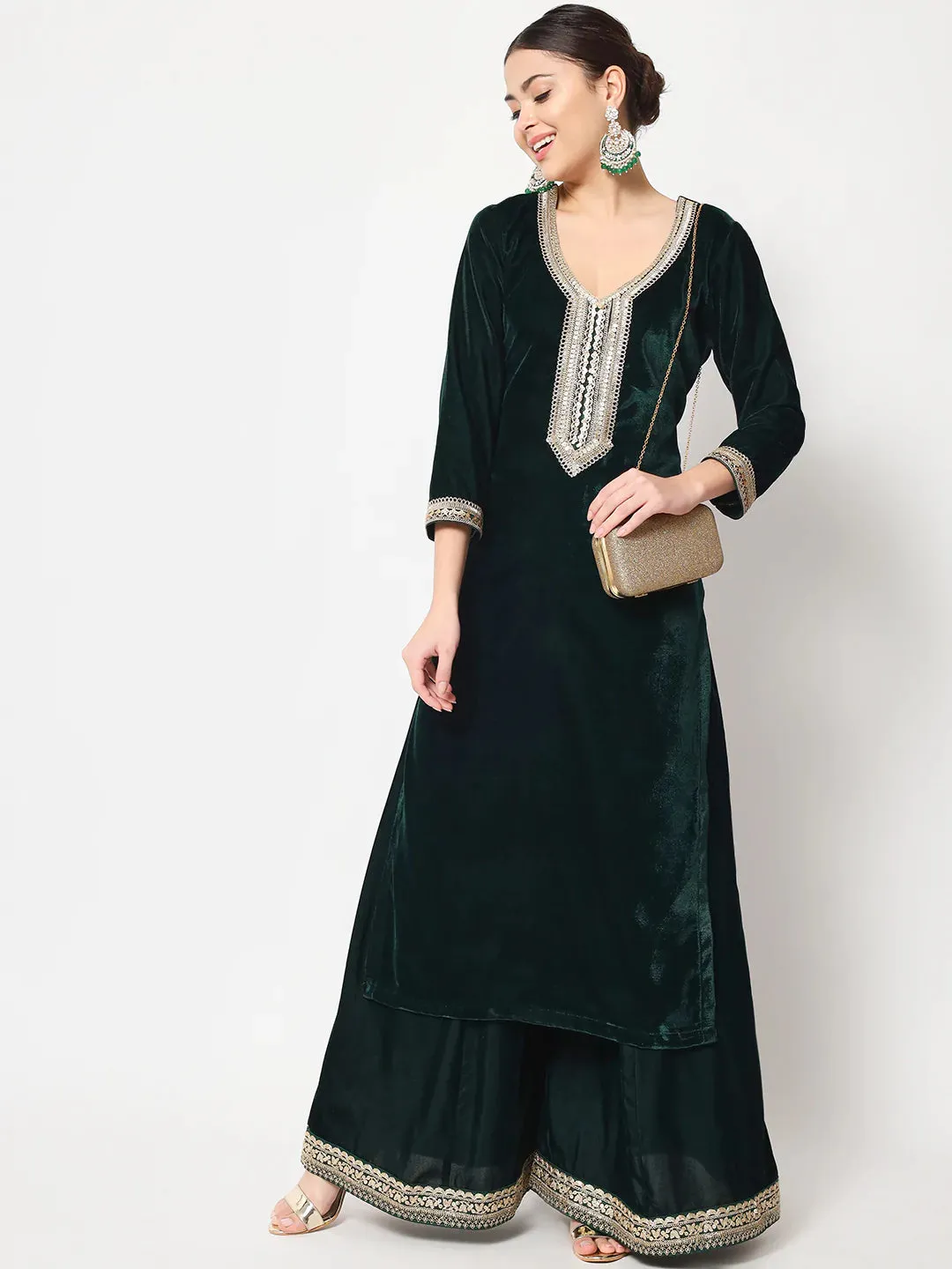 Delicate Green Velvet Kurti with Flared Palazzo