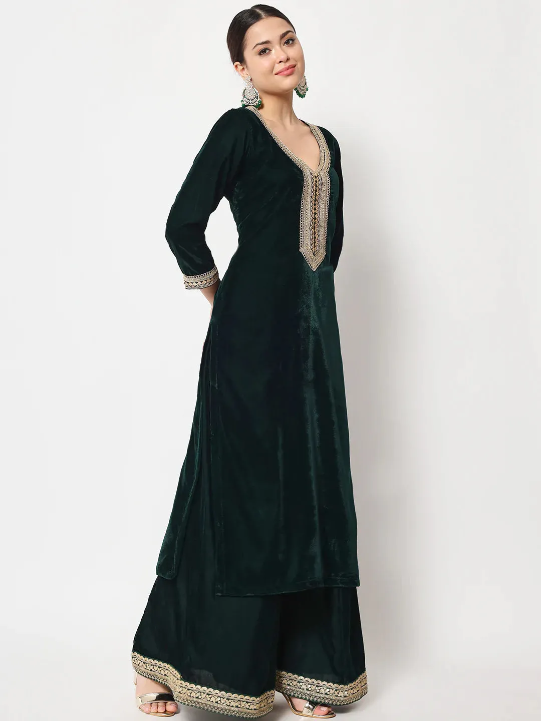 Delicate Green Velvet Kurti with Flared Palazzo