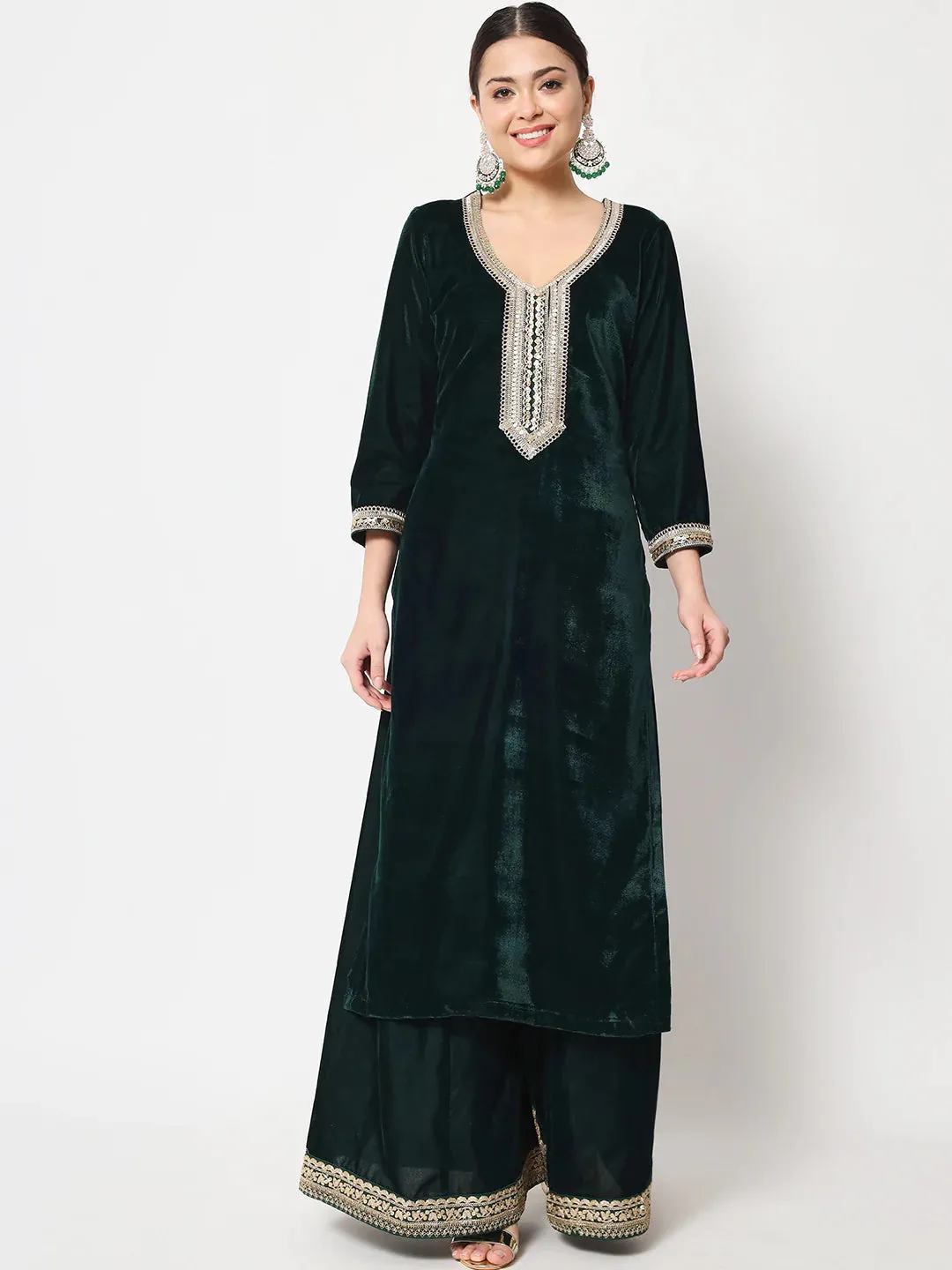 Delicate Green Velvet Kurti with Flared Palazzo