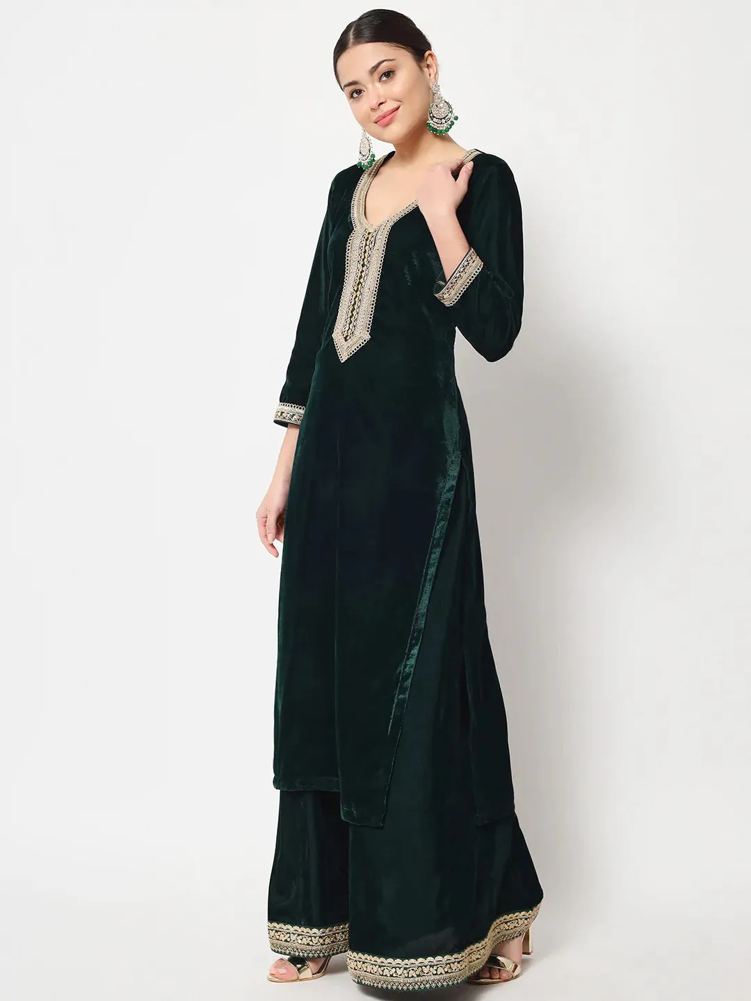 Delicate Green Velvet Kurti with Flared Palazzo