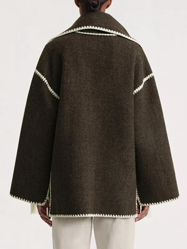 Embroidered Wool Scarf Fringe Coat Jacket