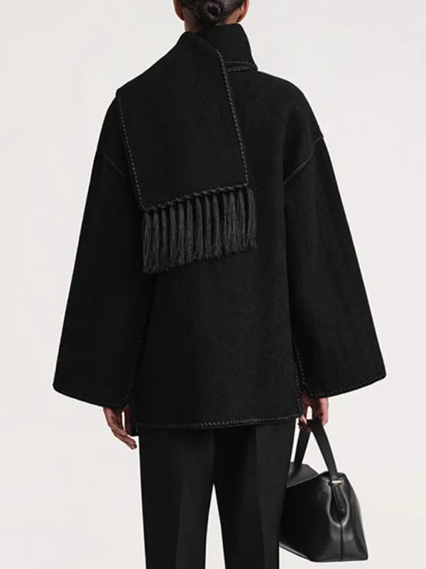 Embroidered Wool Scarf Fringe Coat Jacket