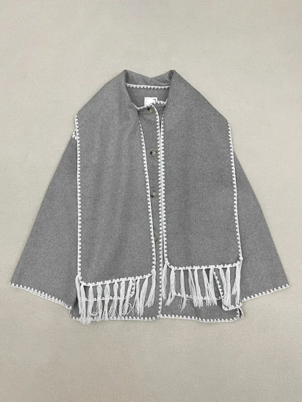 Embroidered Wool Scarf Fringe Coat Jacket