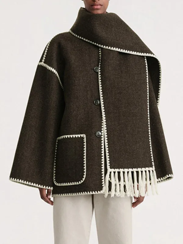 Embroidered Wool Scarf Fringe Coat Jacket