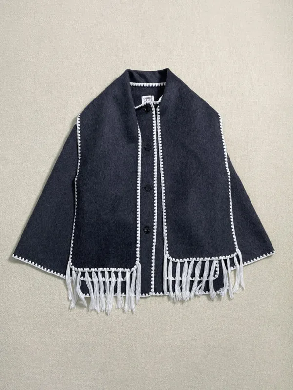 Embroidered Wool Scarf Fringe Coat Jacket